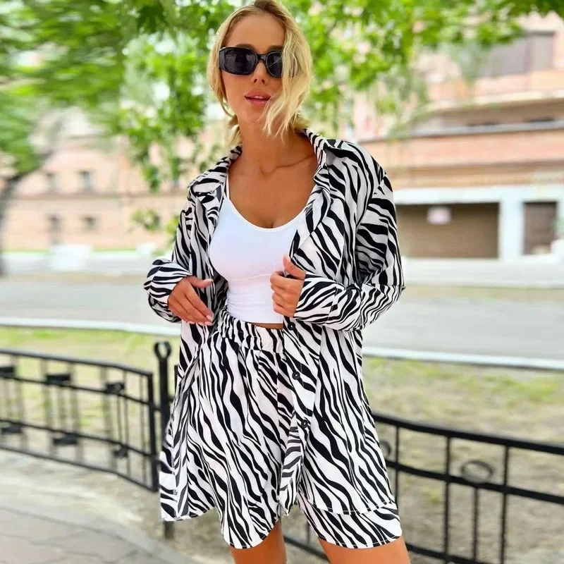 Zebra Leopard Print Shirt Loose Shorts Summer Commuting 2 Piece Sets Women Outfit New Two Piece Set Summer Women's Suit Short