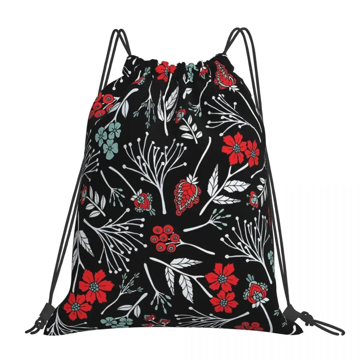 Bright Red, White, Light Blue & Black Floral Pattern Backpacks Drawstring Bags Drawstring Bundle Pocket Shoes Bag BookBag