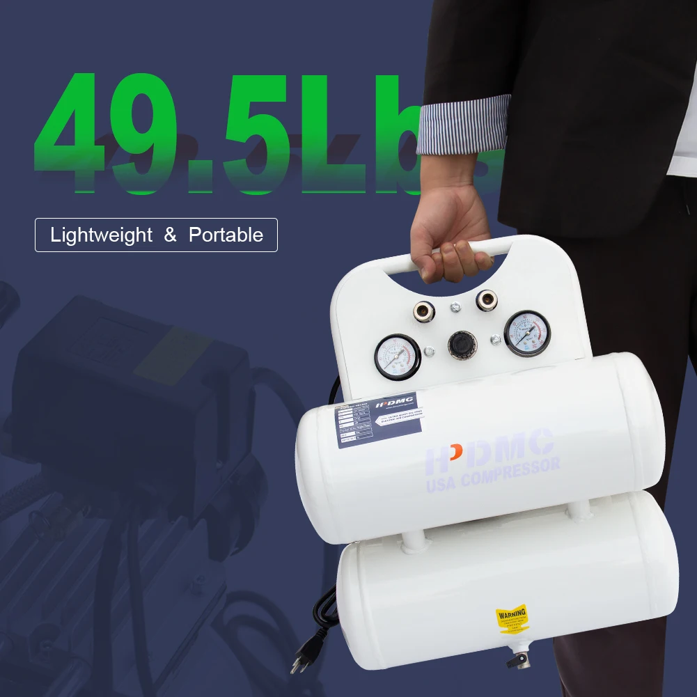 Quiet Portable Air Compressor,Oil Free Pump,5 Gallon Tank,115 PSI MAX Pressure,65 dB,1 PH Motor,110V