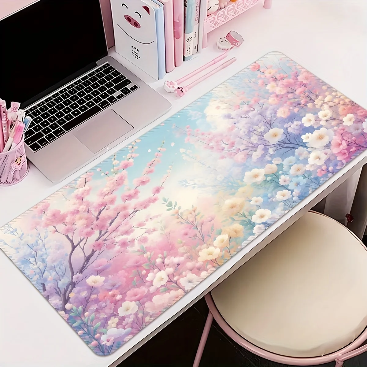 Pastel Cherry Blossom Large Gaming Mouse Pad Anti-slip Rubber Desk Mat with Stitched Edges for Office Home