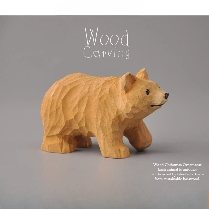 1 PC Handcrafted Wooden Bear Figurines Handmade Brown Bear Home Craft Ornaments Wood Baby Bear Collection Cute Animal Decoration