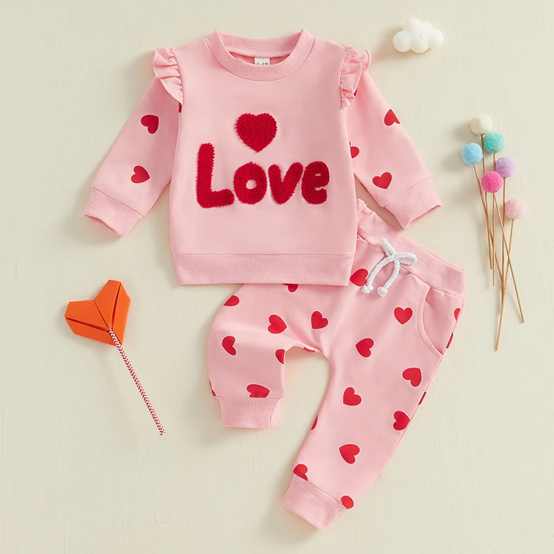 

Baby Girls 2-piece Outfit Long Sleeve Embroidery Letters Hoodie with Heart Print Sweatpants Valentines Day Clothes Sets