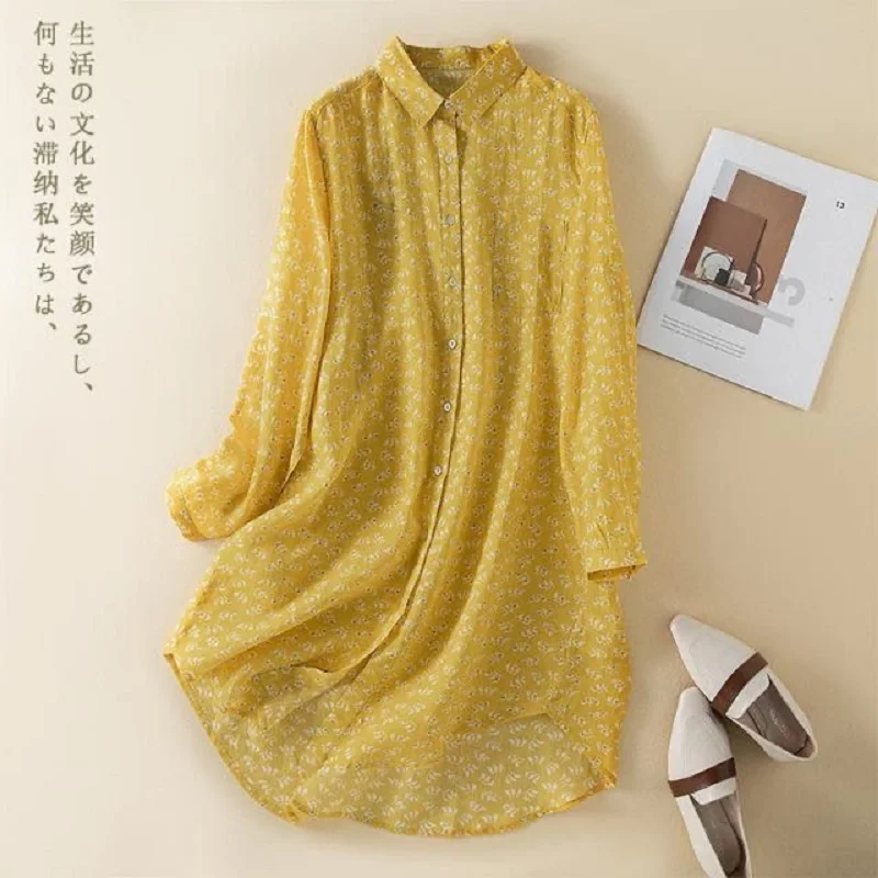 여성용 면 및 린넨 프린트 노란색 드레스