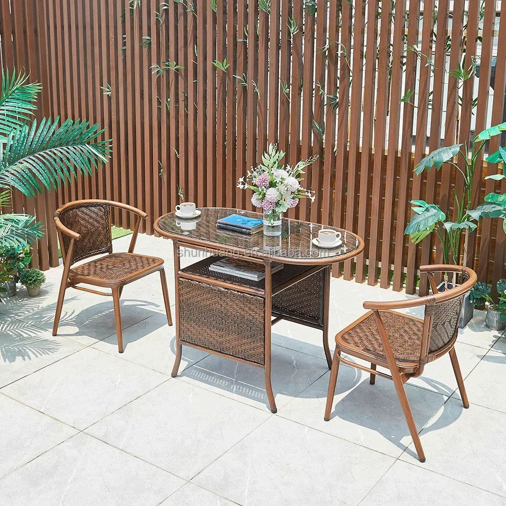 Newly Arrived Swimming Pool Furniture Glass Top Coffee Table Set Hand Woven Chair And Square Table