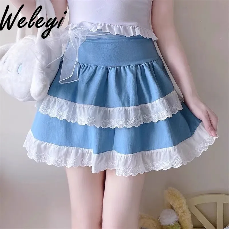 Lolita Jirai Kei Ropa Mujer Bow Skirts Jupes Faldas Summer Sweet Cutecore Versatile Lace Small High Waist Cake Lotus Leaf Skirt