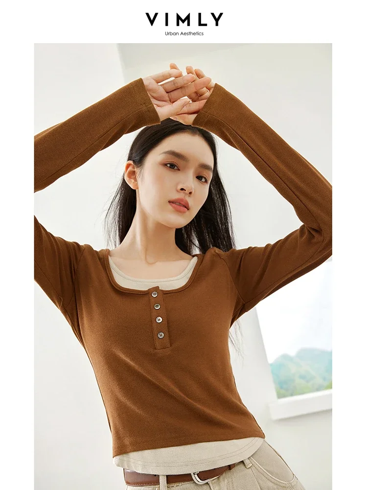 Vimly Contrast Fake 2 Piece Pullover T-shirt Female Autumn O-neck Long Sleeve Tops 2023 Fall New High Strecth Slim Tshirt M5119