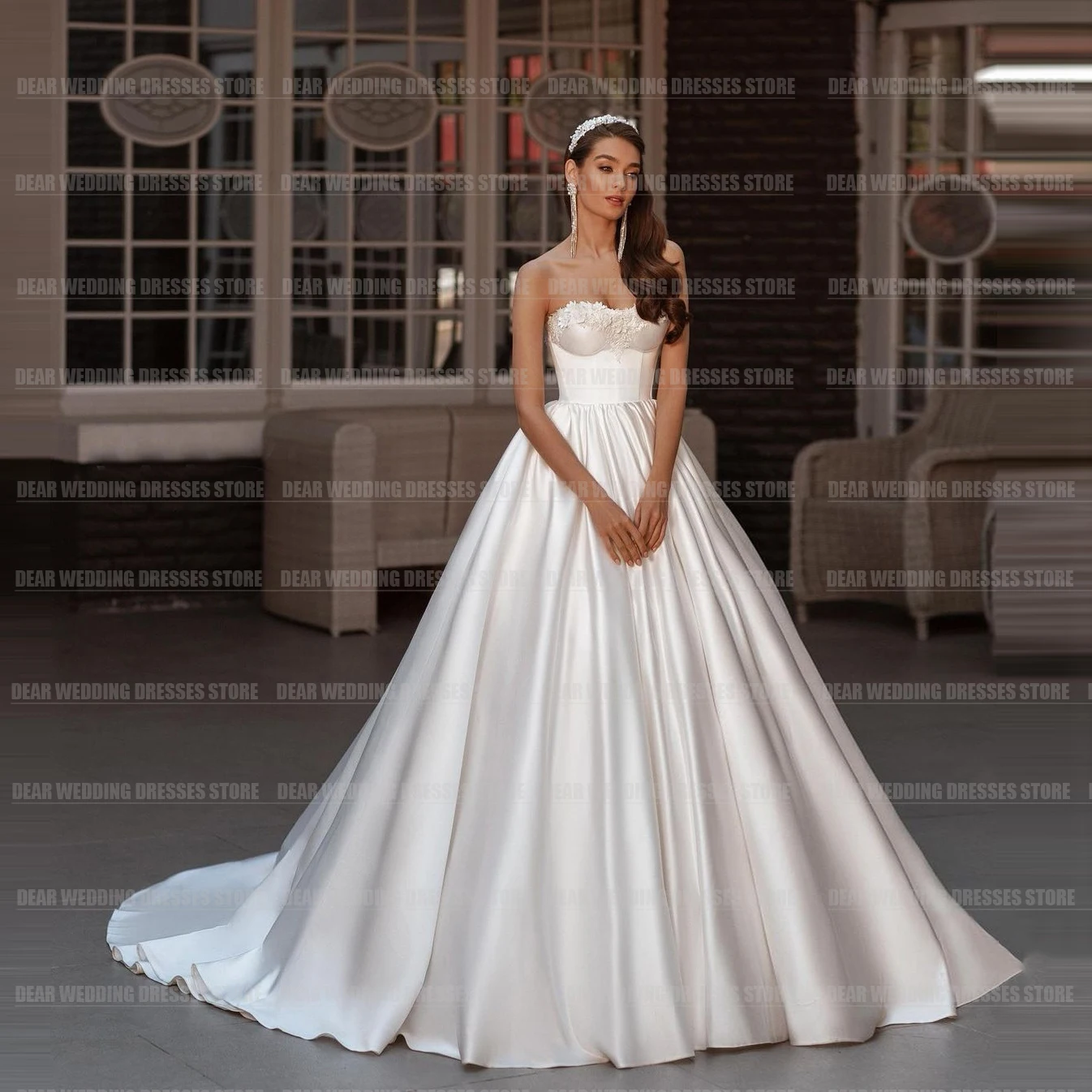 

Simple Luxury Beautiful Wedding Dresses A Line Sleeveless Sexy Appliques Sweetheart Princess Satin Bridal Gowns Vestido De Novia