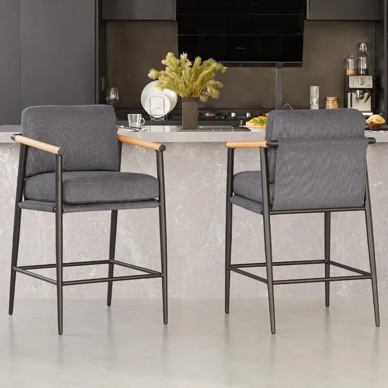 

Mid Century Modern Barstools Set of 2 26" H Upholstered Counter Height Bar Stools with Wood Armrests and Metal Legs Grey