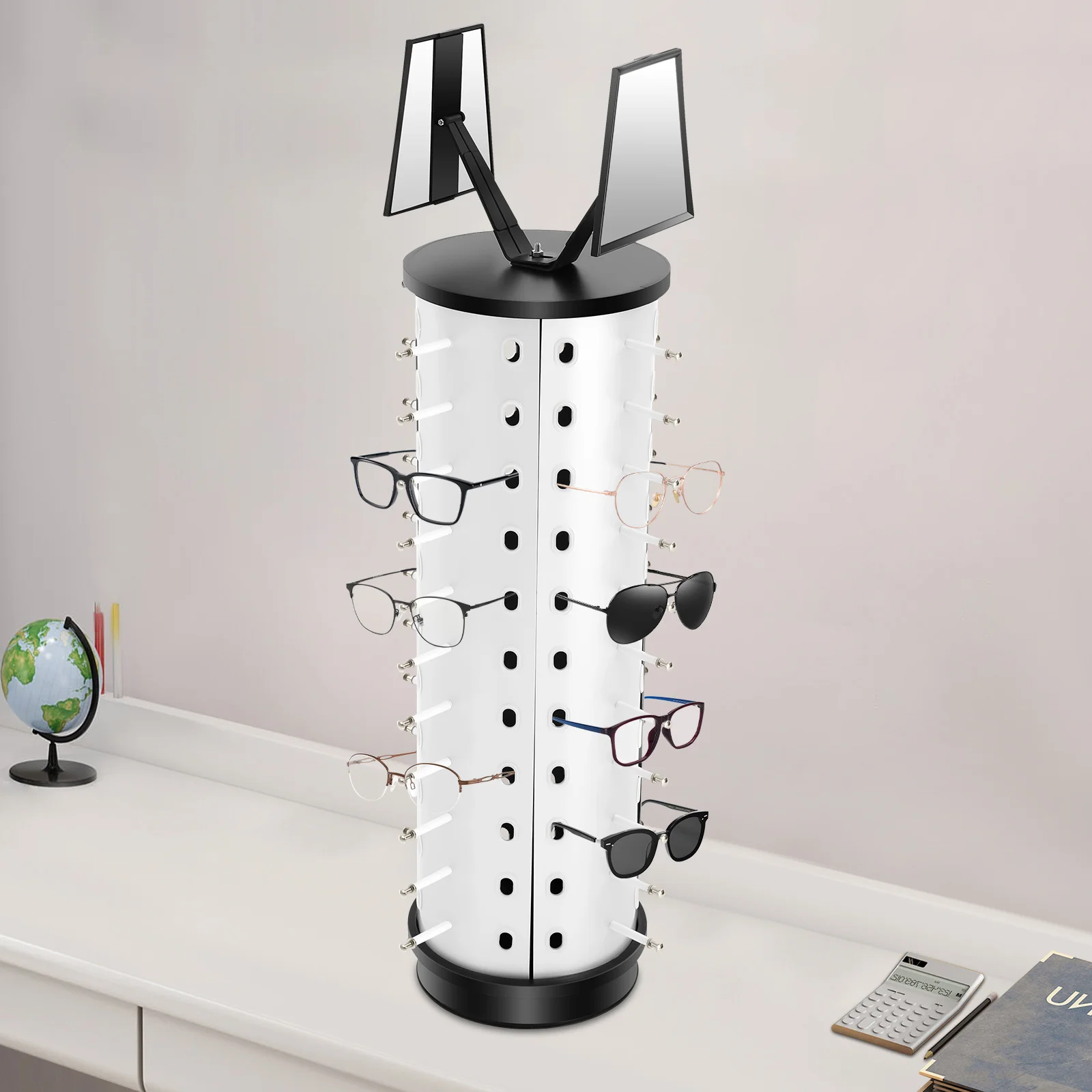 360° Rotating Eyeglasses Display Stand with 44 Holes & 2 Adjustable Mirrors, Floor Mount Optical Store Rack for Sunglasses