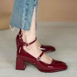 Women's Summer Footwear on Heeled Shoes for Woman 2024 Japanese Style Lolita Mary Jane Red Bride Square Toe High Heels Gothic 39