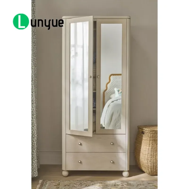 French Ash Wood Double Door Wardrobe with Mirror Cabinet and Hanger Two Drawers Ivory Large Apartment Furniture