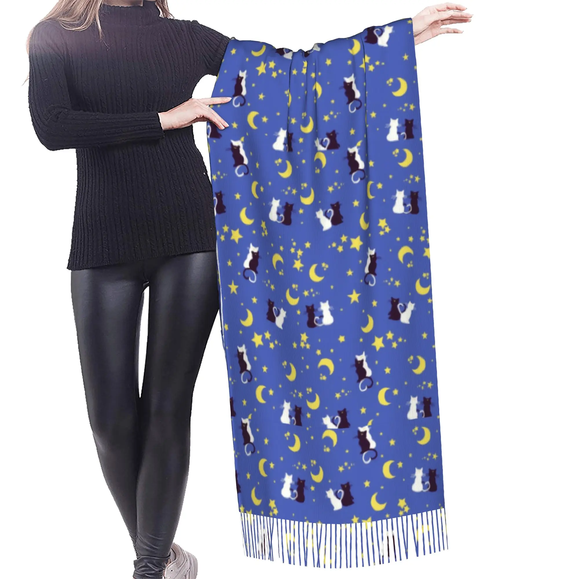 Custom Sailored Manga Anime Mooned Scarf Wrap for Women Long Winter Fall Warm Tassel Shawl Unisex Usagi Tsukino Luna Scarves