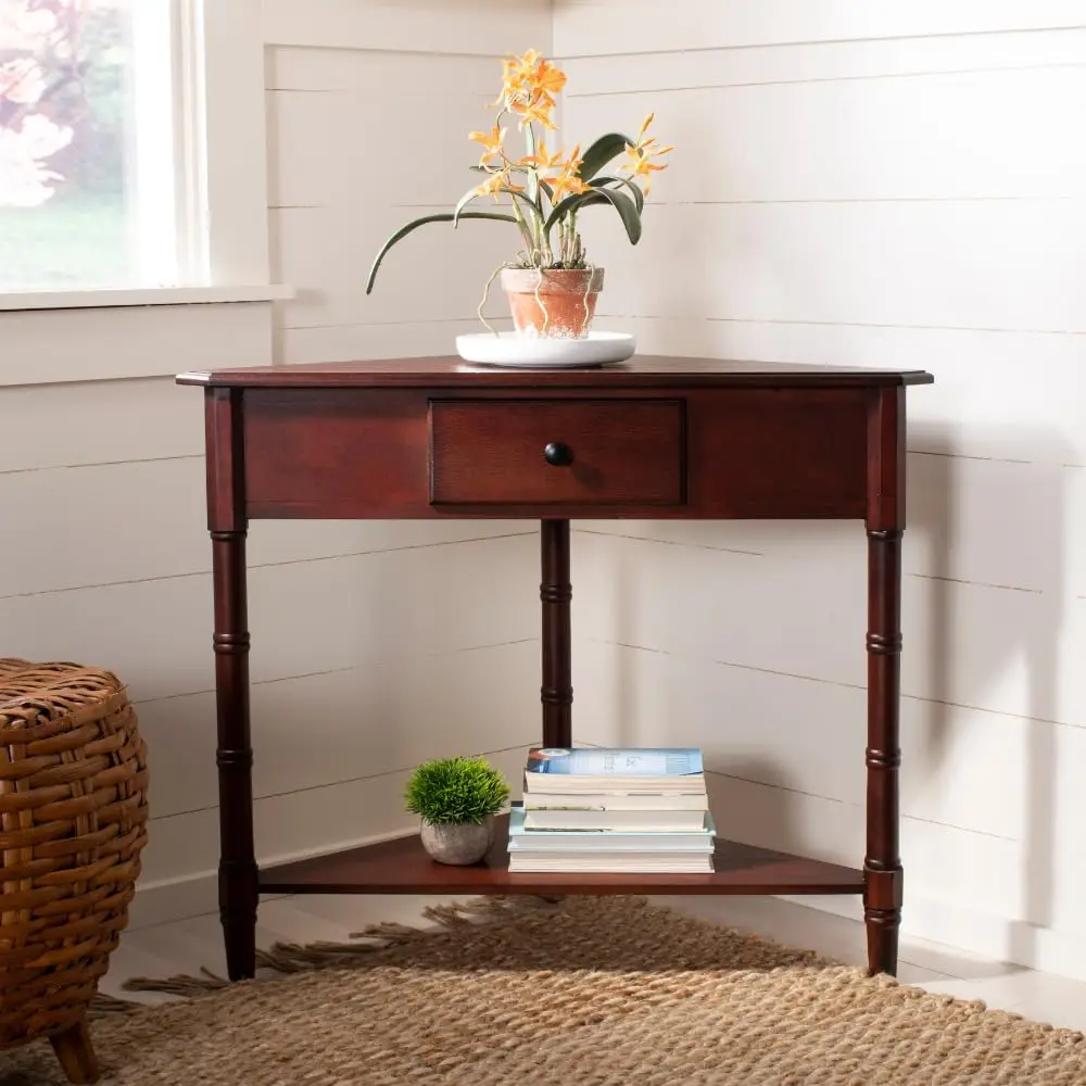 

Corner table with drawer and lower display shelf with a small footprint for small spaces, apartments and dormitories