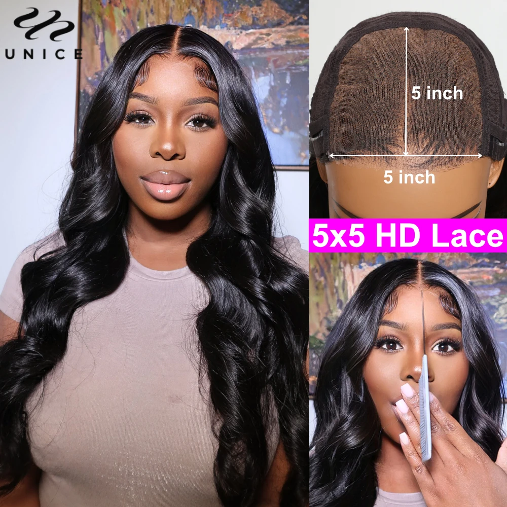 Unice Hair Body Wave 5X5 HD Lace Wig Pre Cut Pre Bleached Ultra-Thin HD Glueless Wig Human Hair Ready To Wear Match All Skins