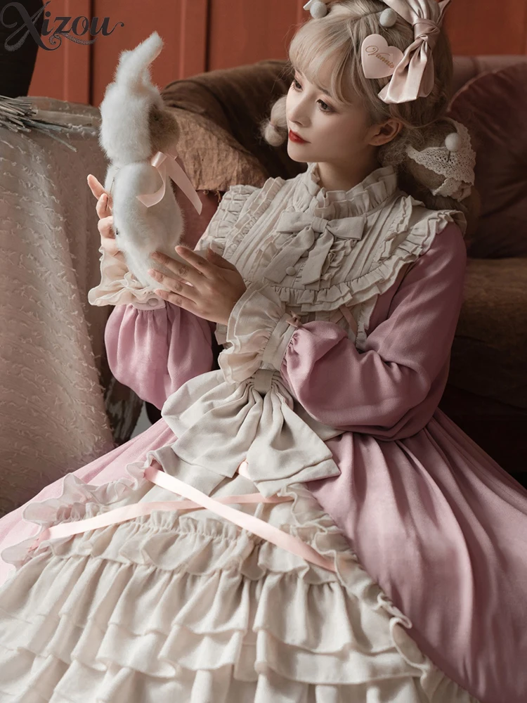 オリジナルフレンチスタイルエレガントプリンセスロリータドレスファッションボールガウン女性のミッドレングス長袖ドレス秋冬