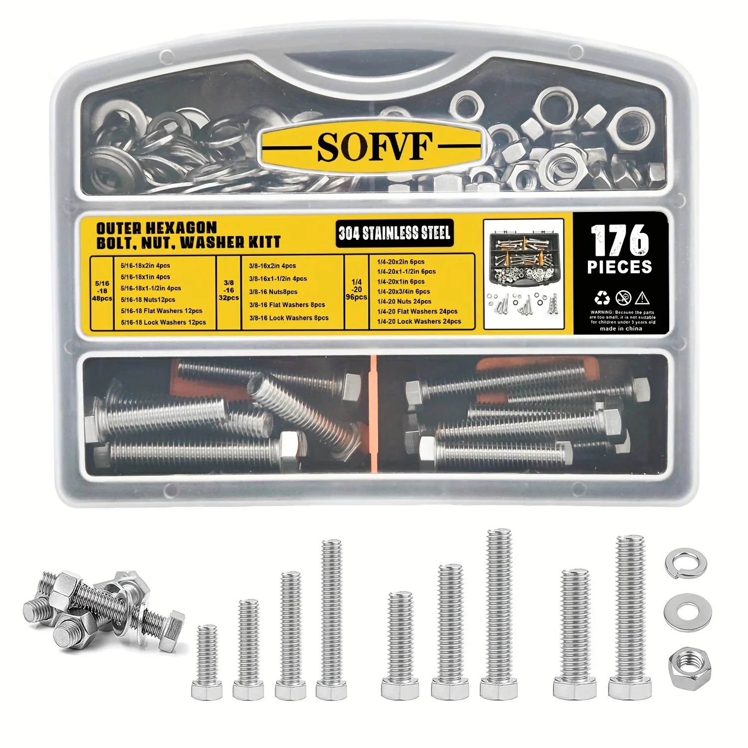 

176-Pcs Stainless Steel Nuts and Bolts Assortment Kit, including 4 sizes: 3/8 - 16 to 1/4 - 20 Hex Bolts, Hex Nuts, Flat Washers