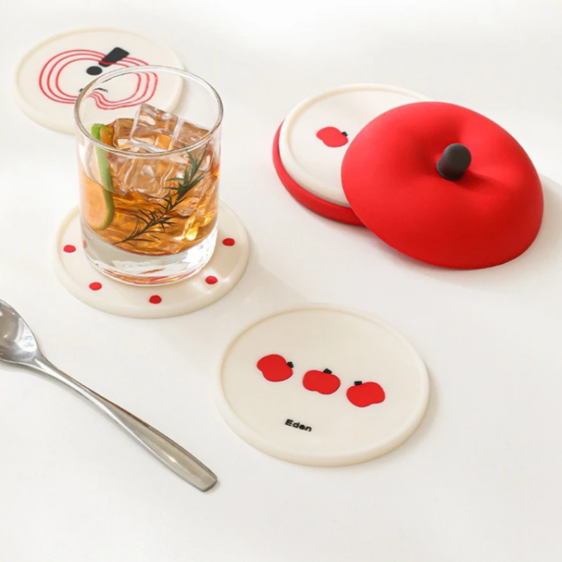 Small Apple Shaped Silicone Coaster Set Multi Layer Heat Resistant Mat for Coffee Tea Cup Office Desktop Daily Table Decoration