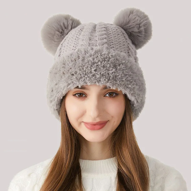 Cute Double Fur Balls Knitted Hat Women Winter Plush Thickened Ear Protection Woolen Beanies Korean Girls Plush Edge Bear Bonnet