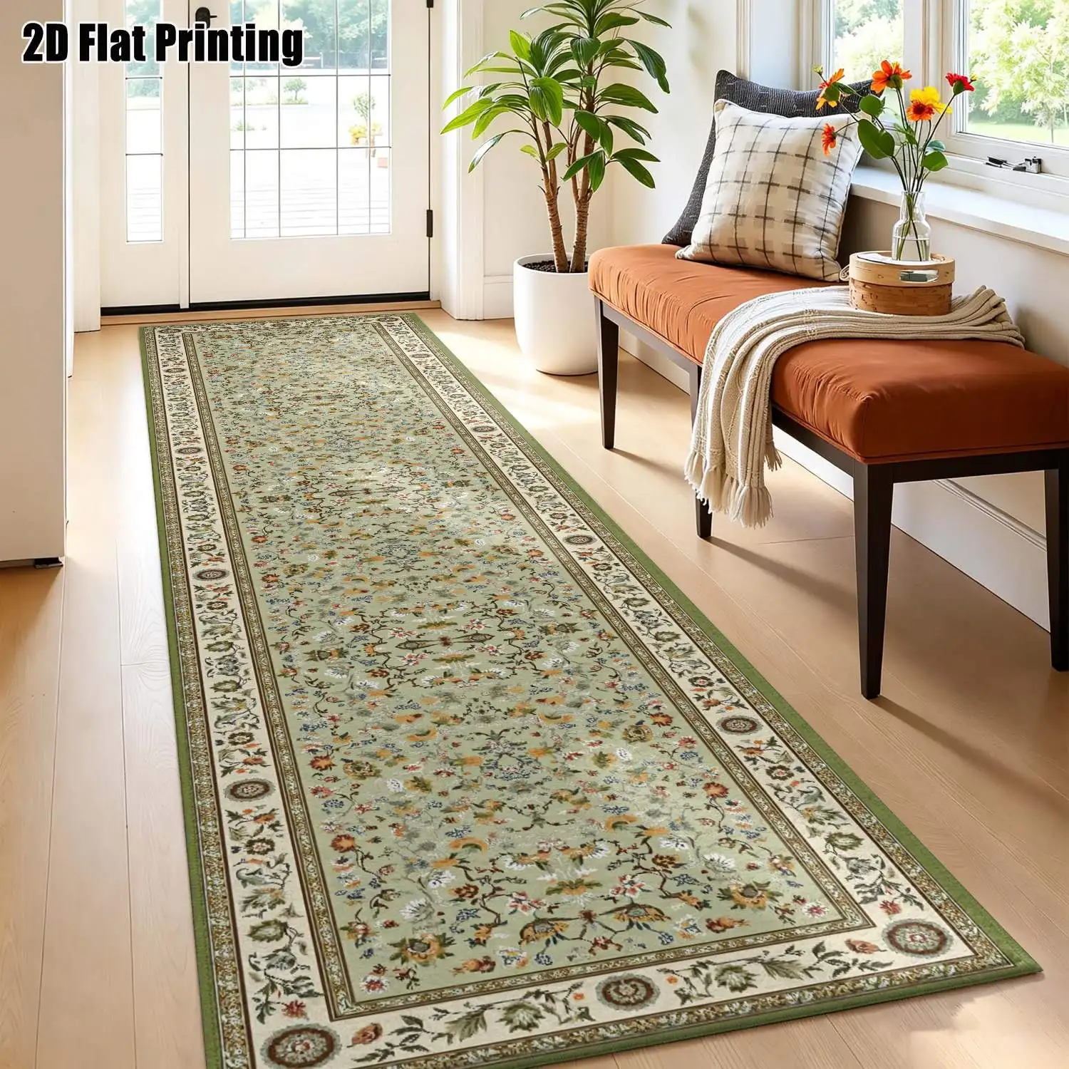 1Pc 2D Printed Long Strip Rug: Beige Retro Floral, European/Bohemian/Geometric Striped/Simple Styles, Home Decor, Multi-Size, Machine Washable, for Entryway, Hallway, Bedroom, Living Room