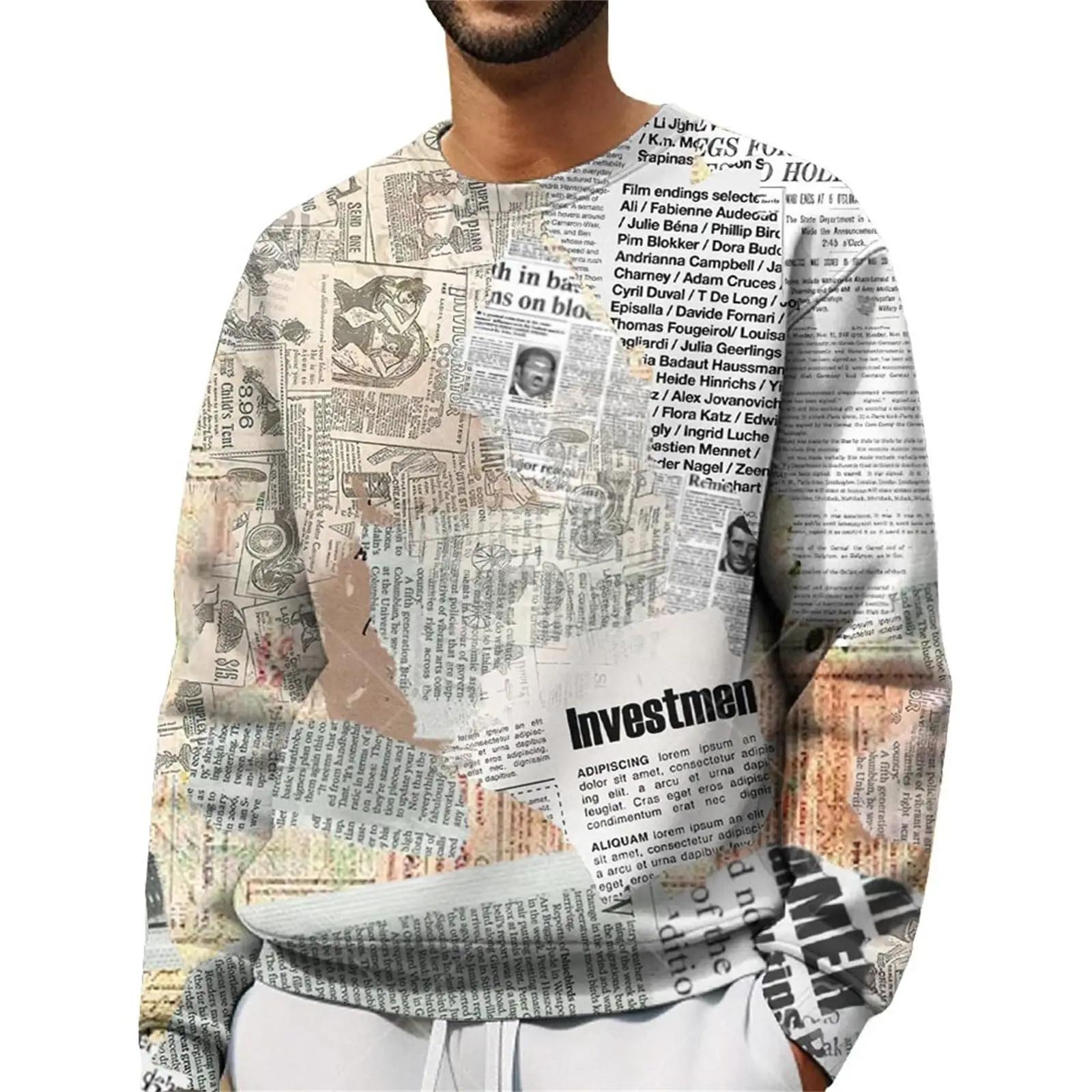 Sweat-shirt col rond homme affiche 3D journal T-shirt à manches longues ample col rond sweat grande taille hauts pour hommes