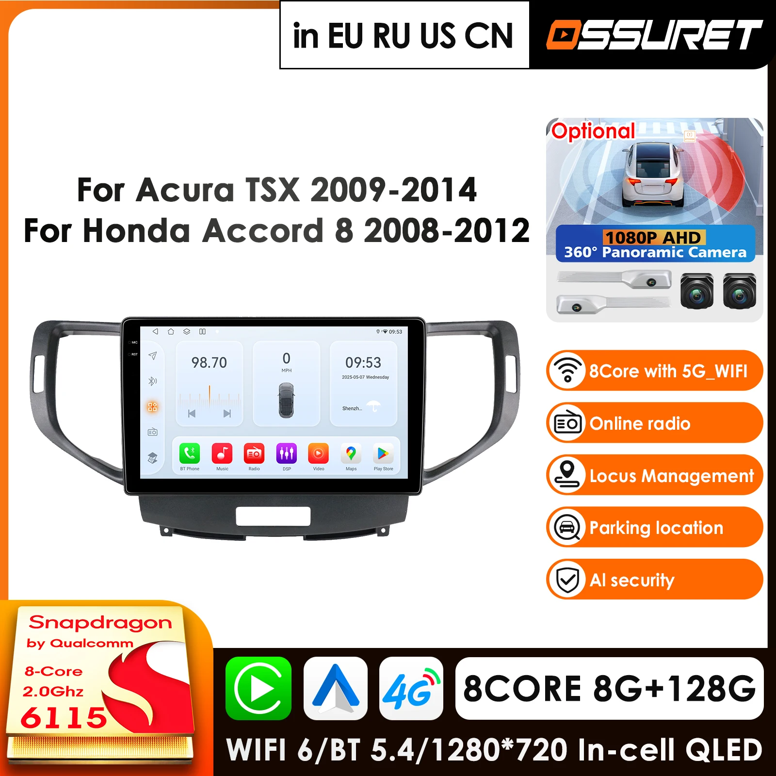 

Автомагнитола OSSURET Carplay 4G 9 дюймов Android для Honda Accord 8 2008-2012 Spirior Accord Ⅷ, мультимедийный плеер, навигация GPS, 2 Din