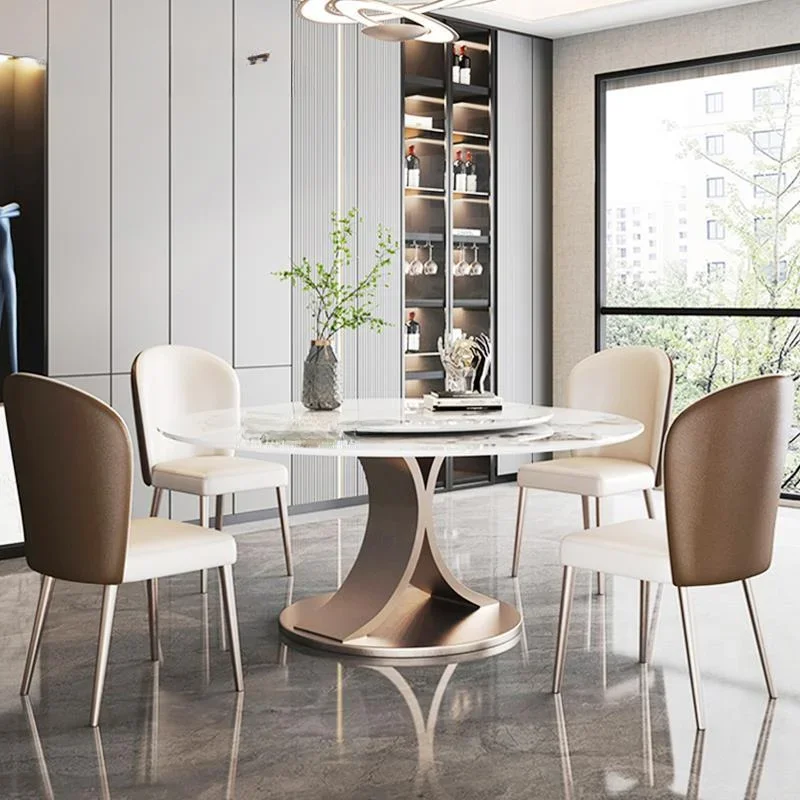 Round Dining Tables With Rotating Turntable With 6 Chairs Luxury White Food Table Made Of Marble Modern Kitchen Furniture Set