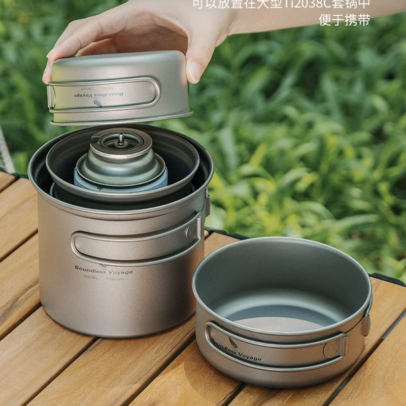 Pure Titanium Folding Boiling Pot+ Frying Pan Set,Ultra Light Portable,Outdoor Camping,Picnicking, Cooking Utensils,Tableware