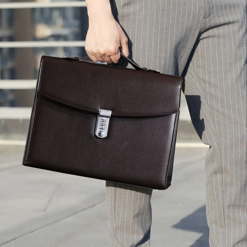 Business Briefcase with Combination Lock, Leather Manager Folder, High capacity Handbag for Business Negotiation Meeting