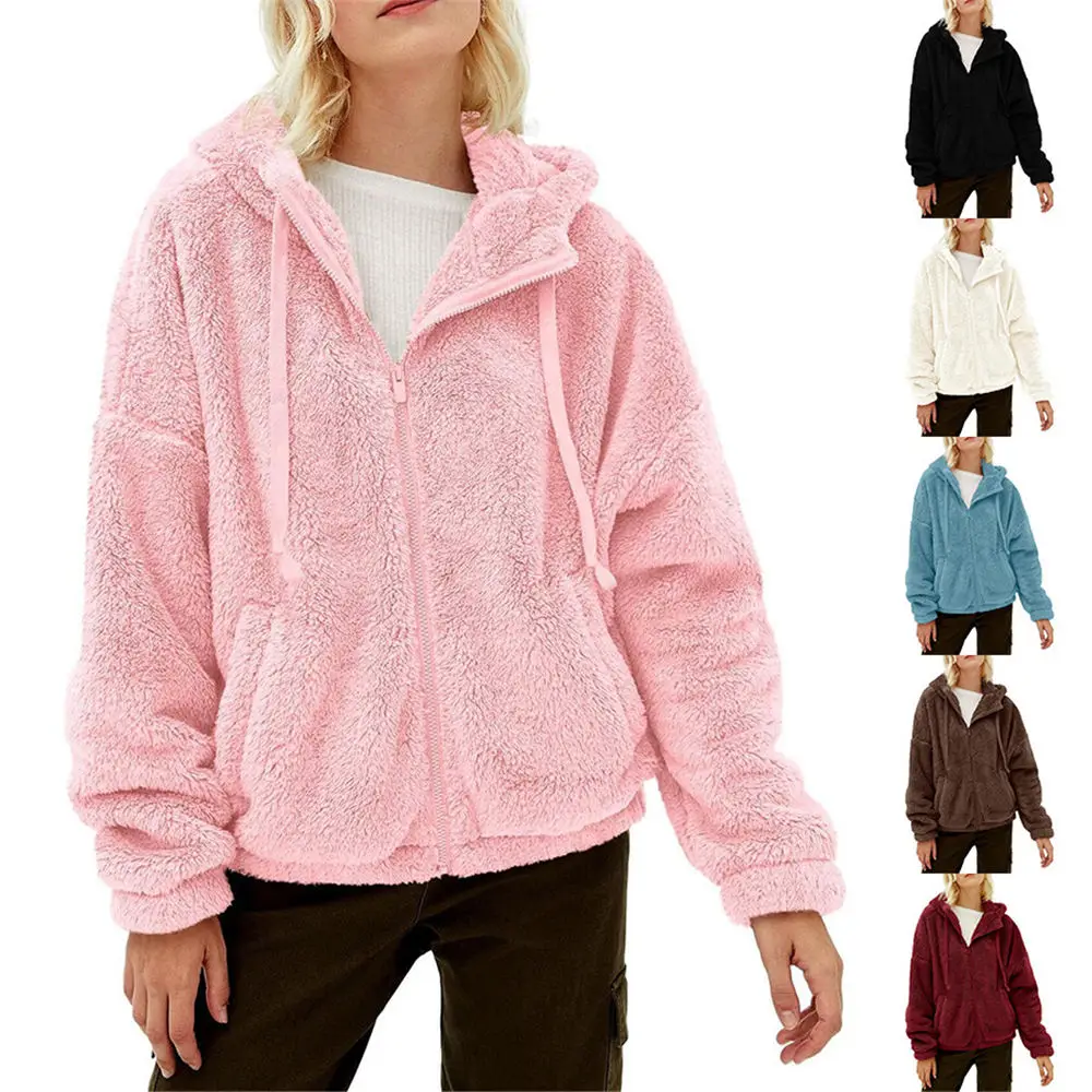 Women Sherpa Fleece Sweater Fluffy Teddy Jacket Fuzzy Hooded Tops Zipper Sweatshirt Winter Warm 3XL loose Sweaters