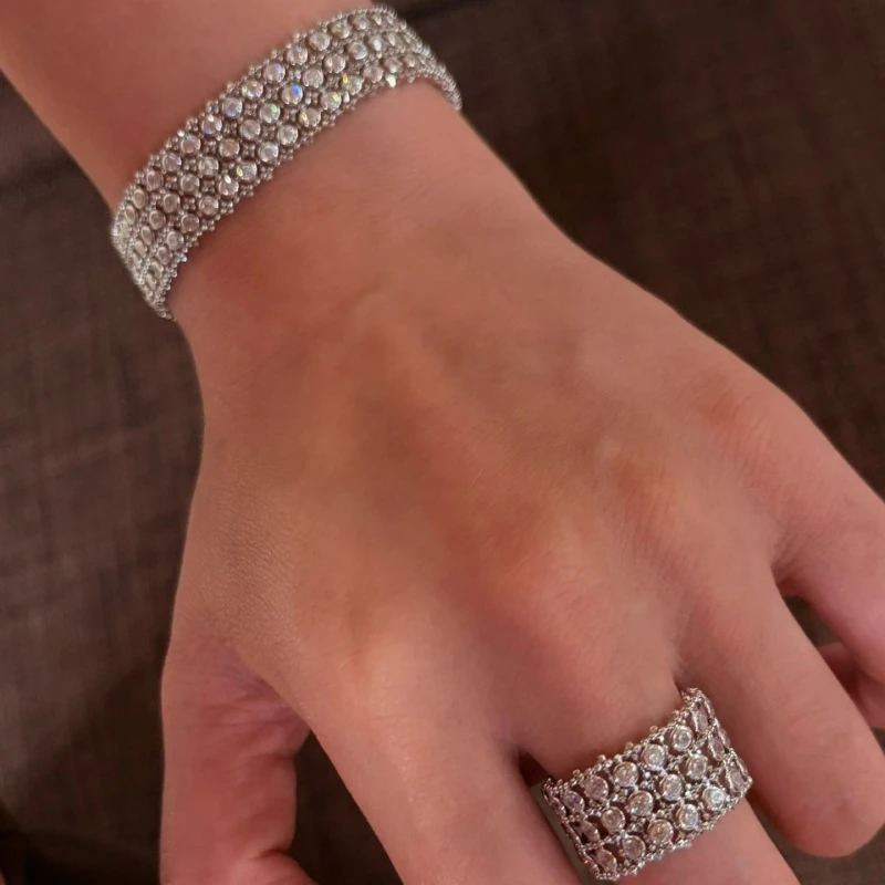 Bellux Three Rows Lace White Diamond Ring Bracelet Hand Welded Chain Starlight 925 Silver Gold Plated Zircon Jewelry