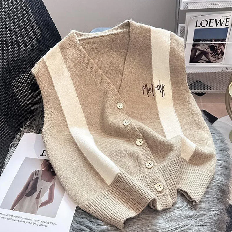 Korean V Neck Sweater Vest Women Spring Autumn Soft Cardigan Knitwear Waistcoat For Women Casual Outwear Knit Sleeveless Jacket