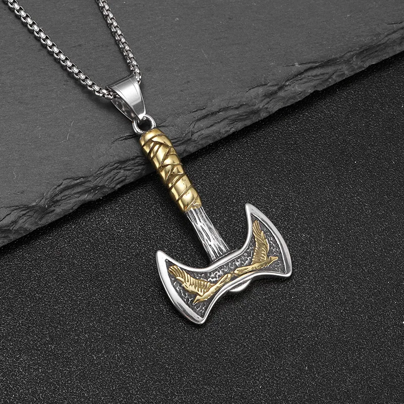 European and American Nordic Viking Double-Headed Ax Titanium Steel Pendant European and American Men's Hip-Hop Fashion Stainless Steel Pendant Necklace Jewelry