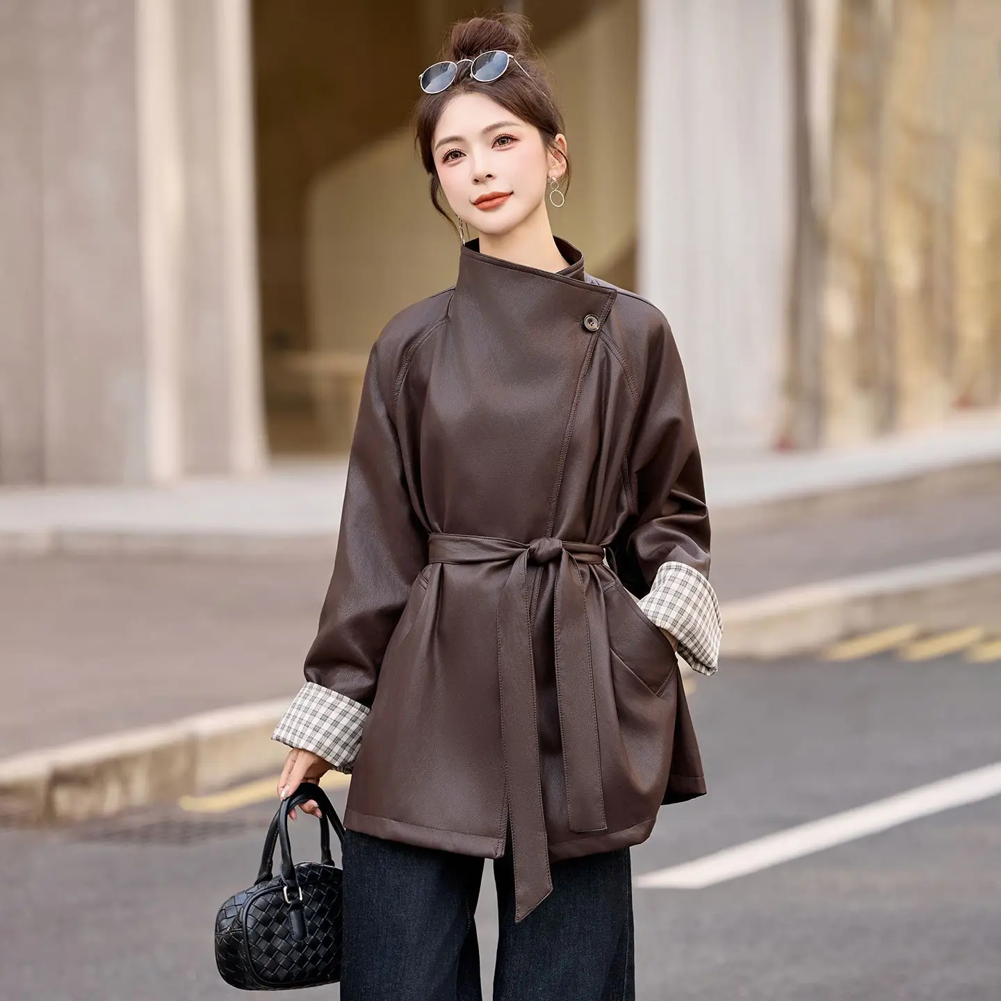 Ele Long Leather Jaet Women's Autumn New Sle Belted Maturi Lightened Wind Coat Polyester Fiber Long Sve Loose Fit