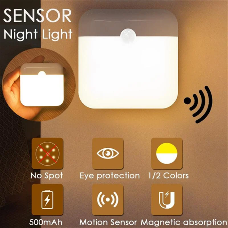 Night Light Motion Sensor USB Charging Square Lamp for Bedroom Kitchen Stair Hallway Wardrobe Cupboard Lighting