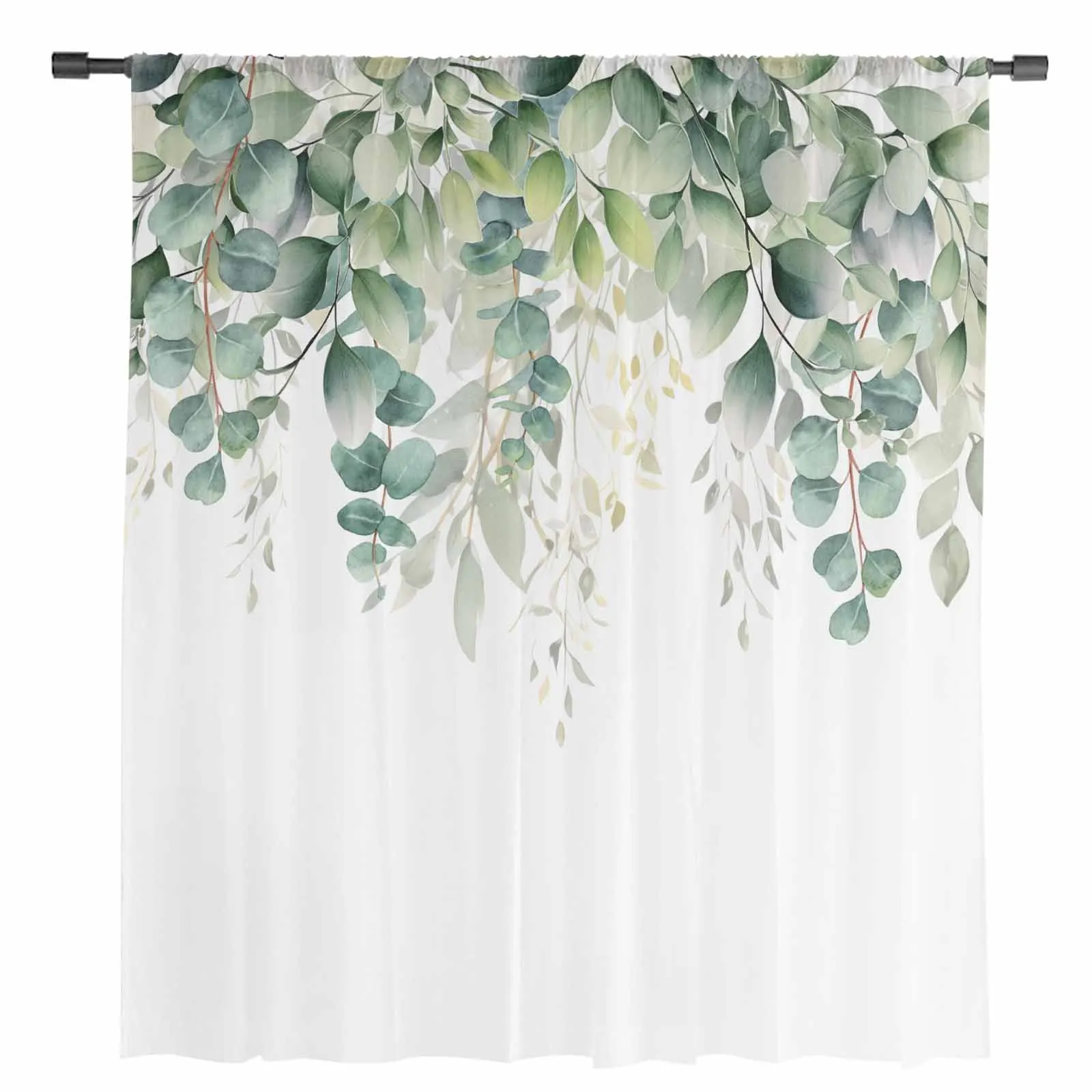 Spring Watercolor Plant Eucalyptus Leaves Tulle Curtains Living Room Kitchen Window Decoration Chiffon Voile Sheer Curtain