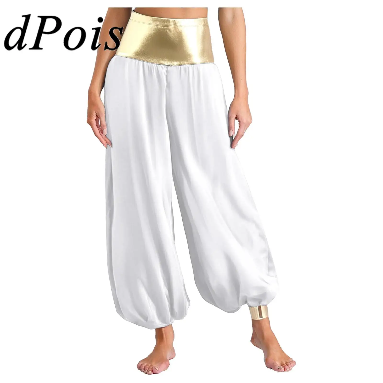 

Womens Magical Harem Pants Metallic Shiny Lantern Long Pants Arabian Princess Costume for Halloween Cosplay Hippie Costumes