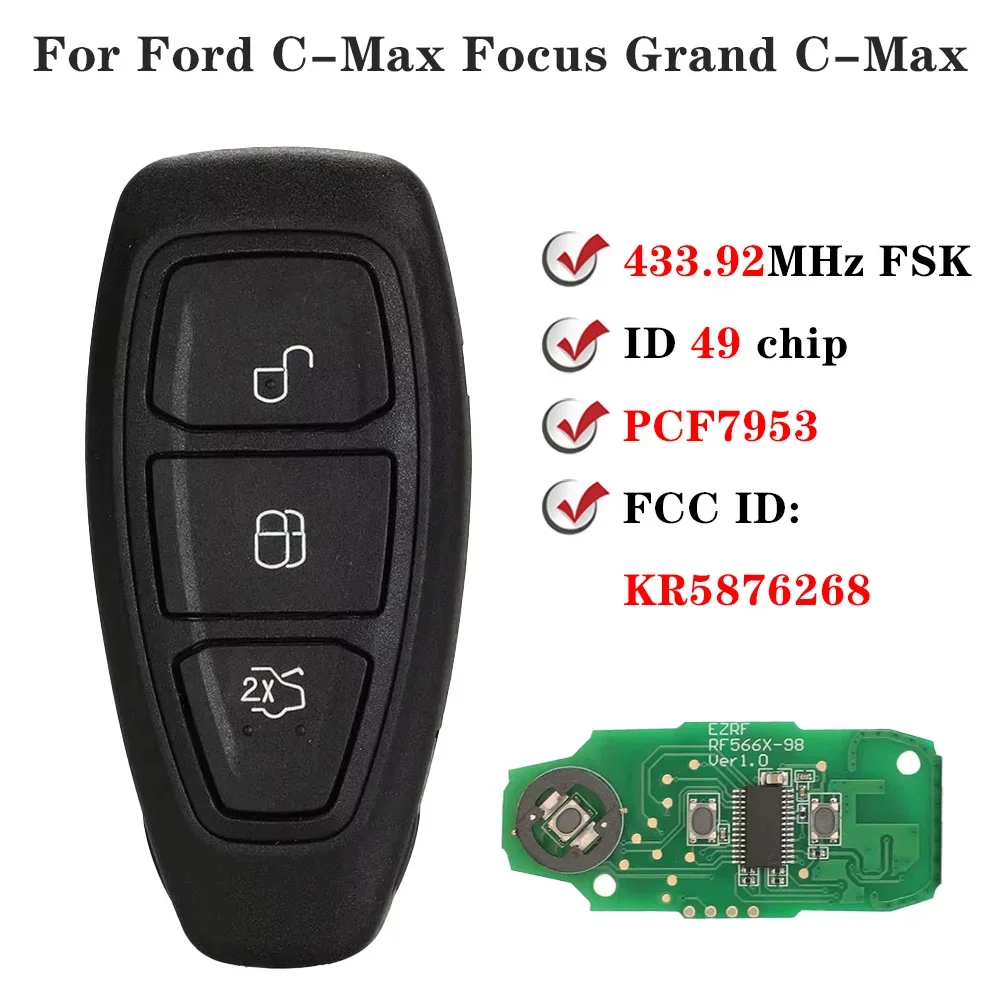 Fob 433MHz ID49 PCF7953 For 2015+ Ford Grand C-Max Focus Kuga Fiesta  KR5876268 3 Buttons Smart Remote Car Key