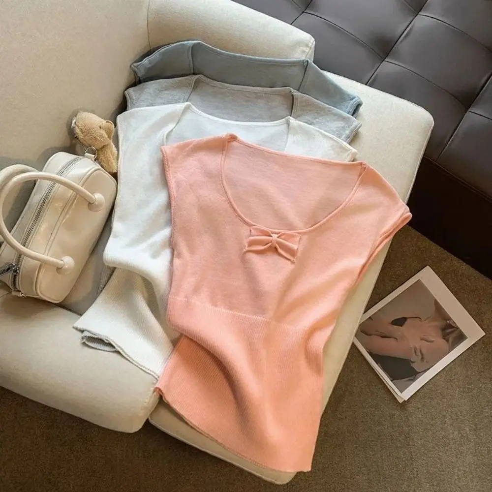 

Корейские укороченные топы Y2K с круглым вырезом, однотонная вязаная футболка с короткими рукавами и бантом, милая женская одежда, тонкая короткая футболка для вечеринки