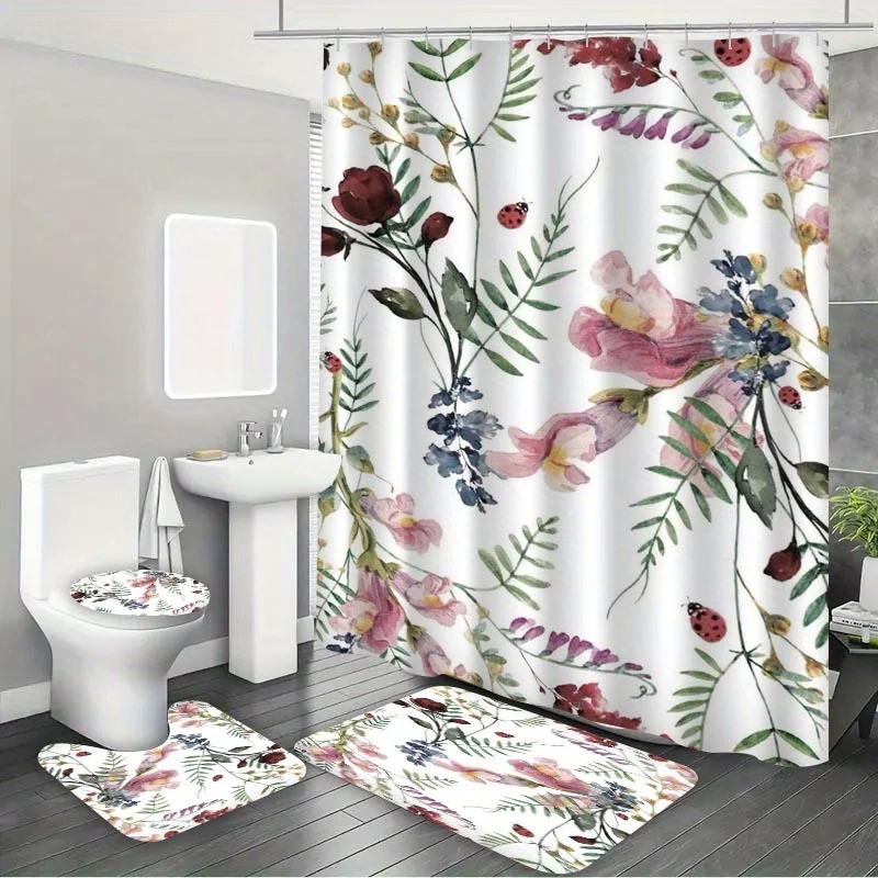 

Набор для ванной комнаты из 4 предметов с синим листом и розовым цветочным принтом, включая занавеску для душа, напольный коврик, чехол на сиденье унитаза, коврик для ванной, U-образный коврик