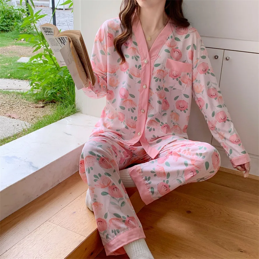 Women\'s Spring and Fall Pajamas Homewear Set Huar Mian Female Loose Large Size Cardigan Sweet Cartoon Homewear Women\'s Suit