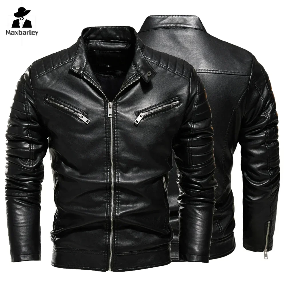 Luxury Leather Jacket Men\'s Winter New Fur Lining Warm Motorcycle Jacket Slim-fit Street Retro Black Leather Coat Slant Zipper