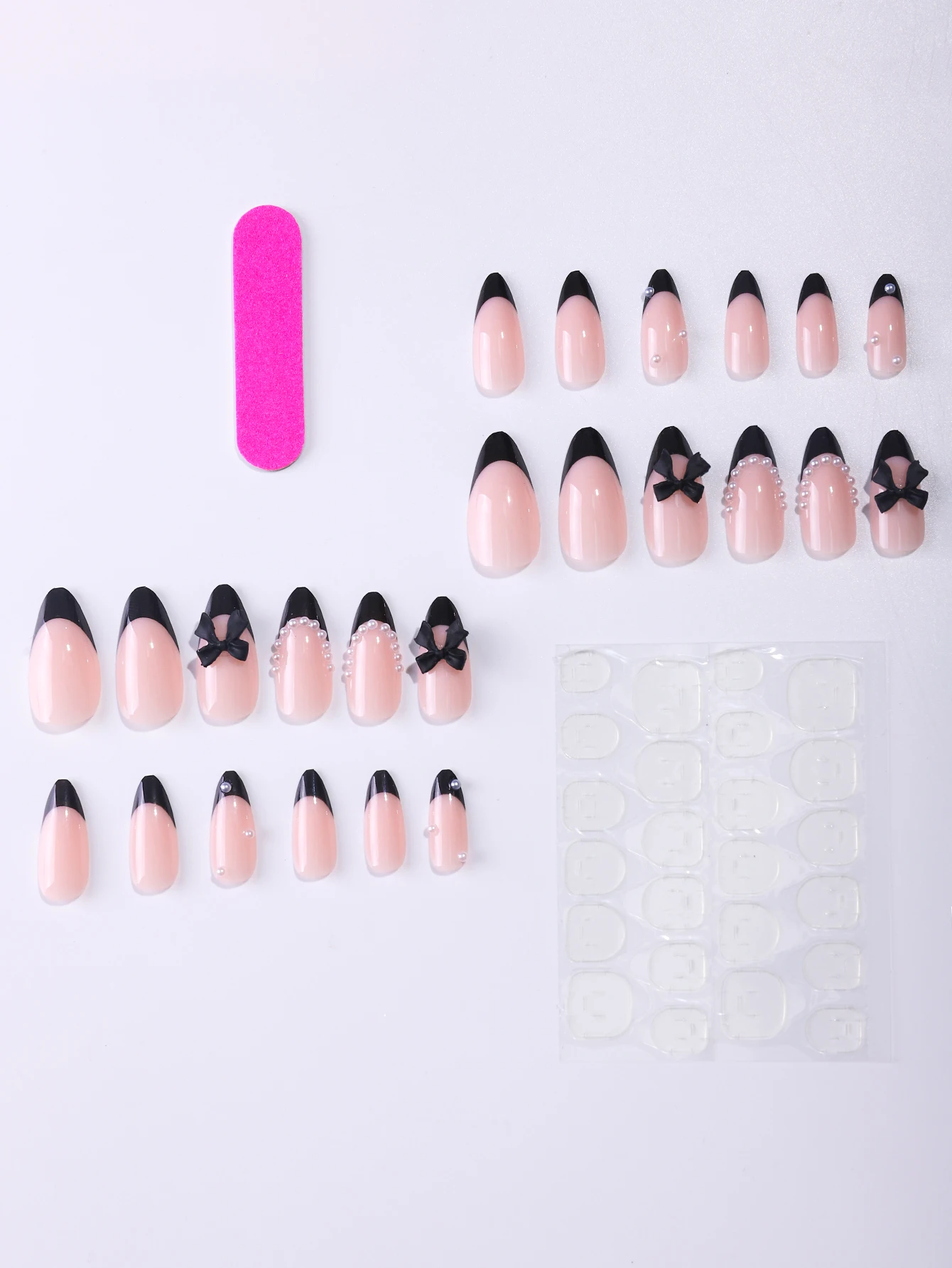 24pcs/Set Press On Nails Long Almond Acrylic Nail white French & Bowknot Shaped Pearl Design False Nails, Contatain 1pcs Jelly Gl