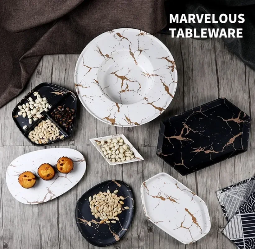 Nordic Restaurant Pizza Snack Plate Square Melamine Service Plate Creative Marble Gold Pattern Western Dish with Grid Steak Plat