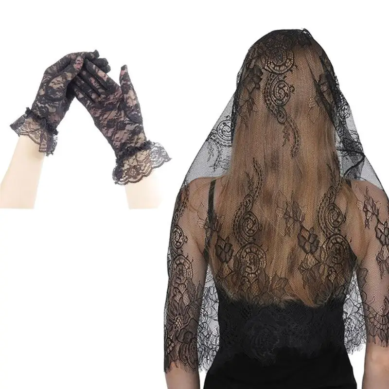 270D Women Floral Lace Glove Bridal Wedding Veil Hair Accessories for Wedding Cosplay