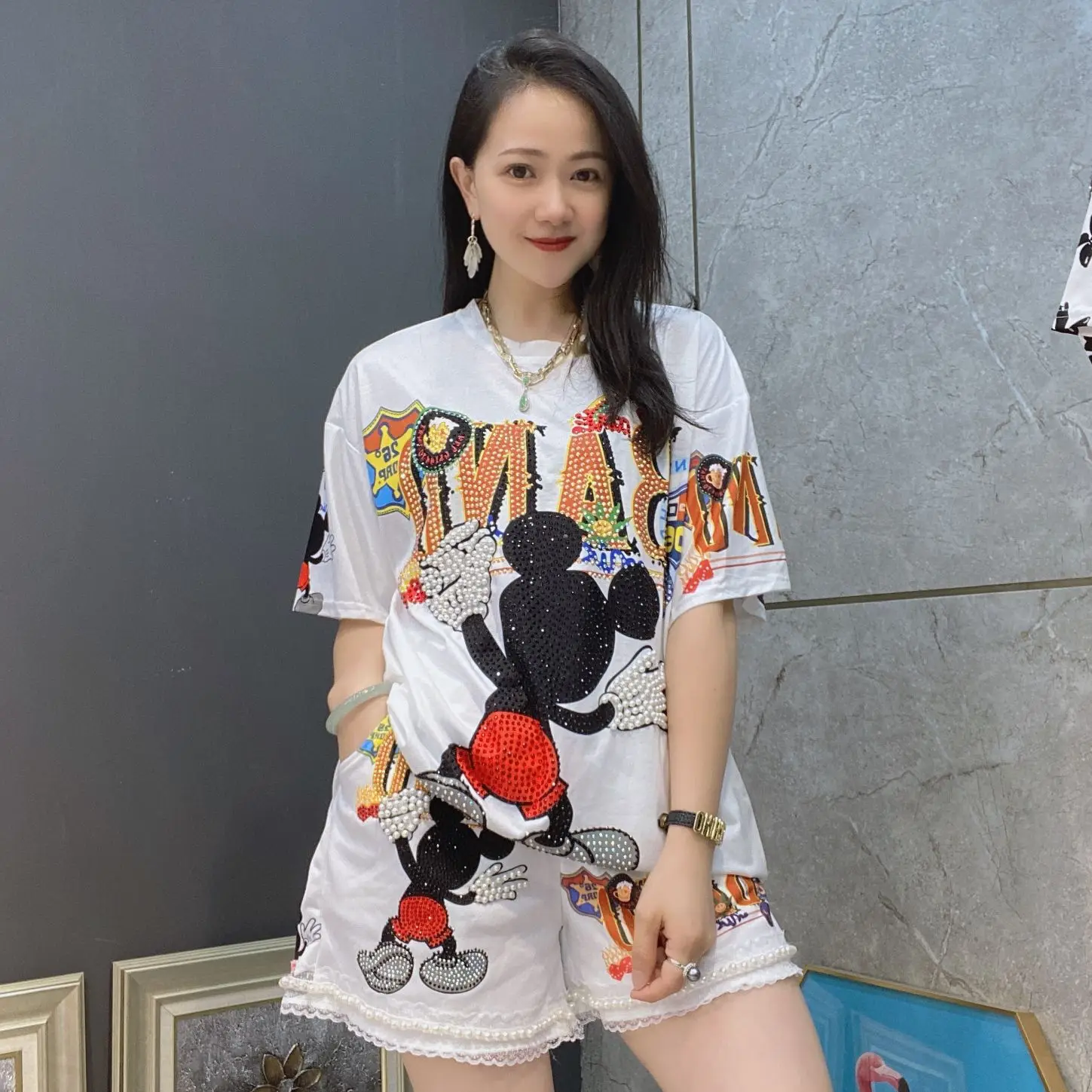 Diamonds Cartoon Printed Sets Women Summer Clothes Loose Tracksuit Casual Knitting Beading Tops Two Piece Sets Womens Outifits