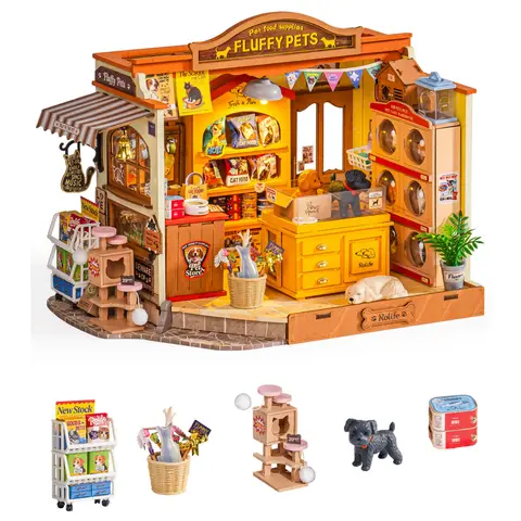 Rolife DIY Miniature House Kit Pet Store Dollhouse Wooden 3D Puzzle Model Building Kit with LED Light for Home Decor Suitable for Adults and Kids