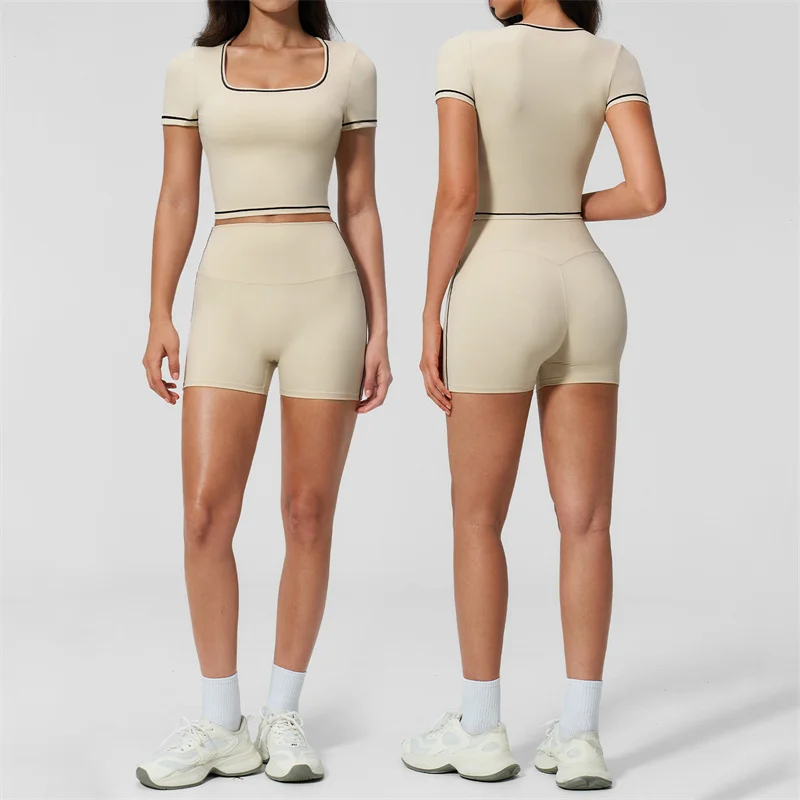 

TRY TO BN 2 Pieces Women's Tracksuit Yoga Short Sleeves Top Sets High Waist Shorts Contrasting Color Running Fitness Gym Clothes