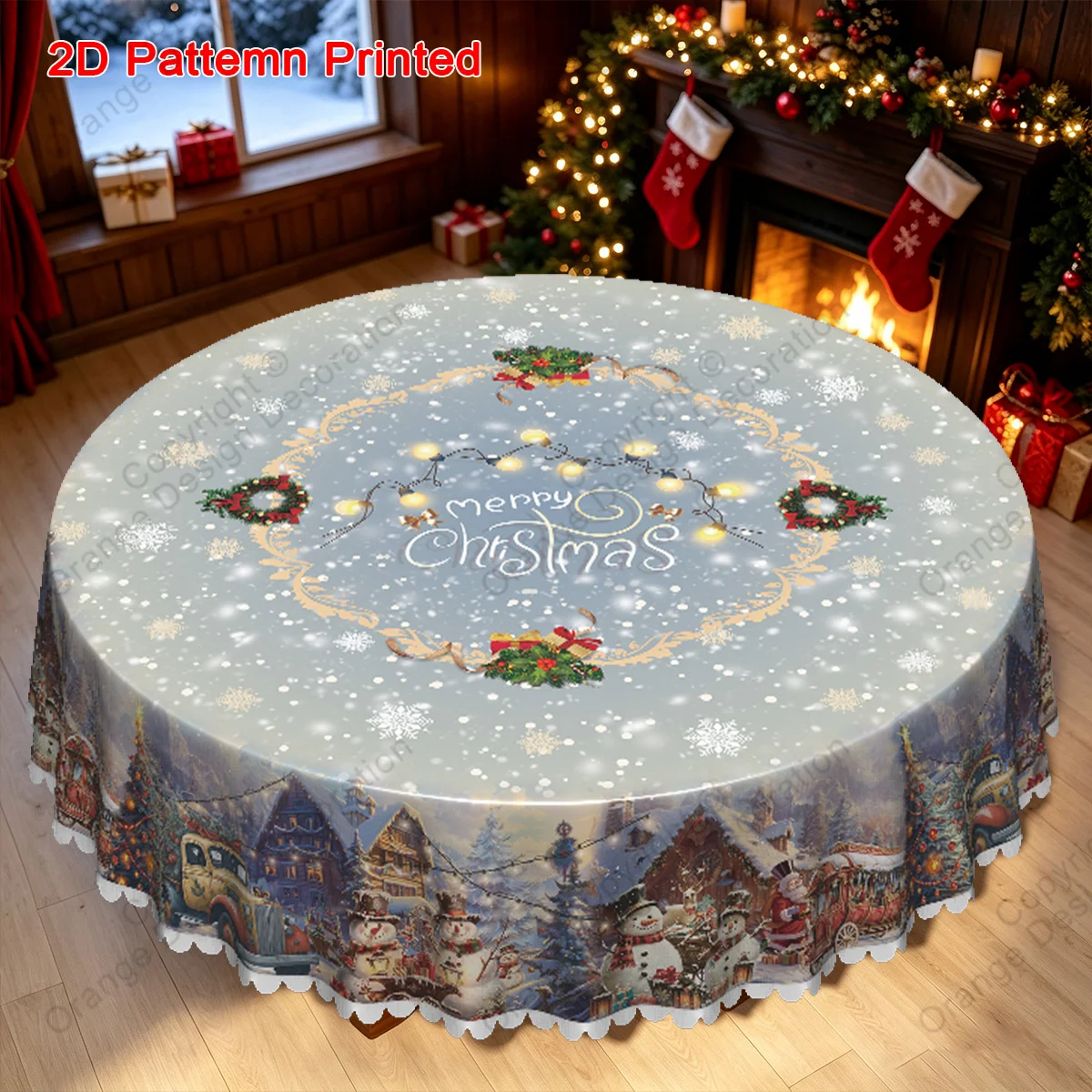 1 piece, Merry Christmas themed tablecloth, wooden house snowman Santa Claus Christmas tree oil lamp pattern
