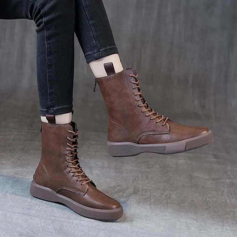 

Genuine Leather Low Cut Flat Heel Women's Boots Soft Bottom Lace up Back Zip Casual Fashion Booties round Toe Winter Boots