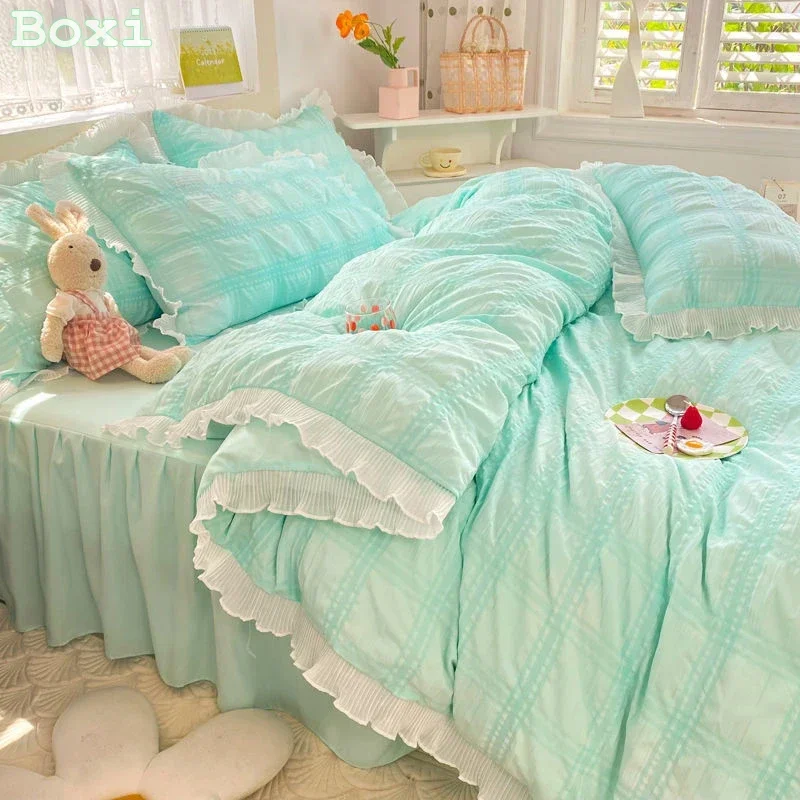 Cute Princess Style Seersucker Bedding Set For Women Cotton Solid Color Ruffle Bed Skirt Sheet Sets King Queen Comforter Cover